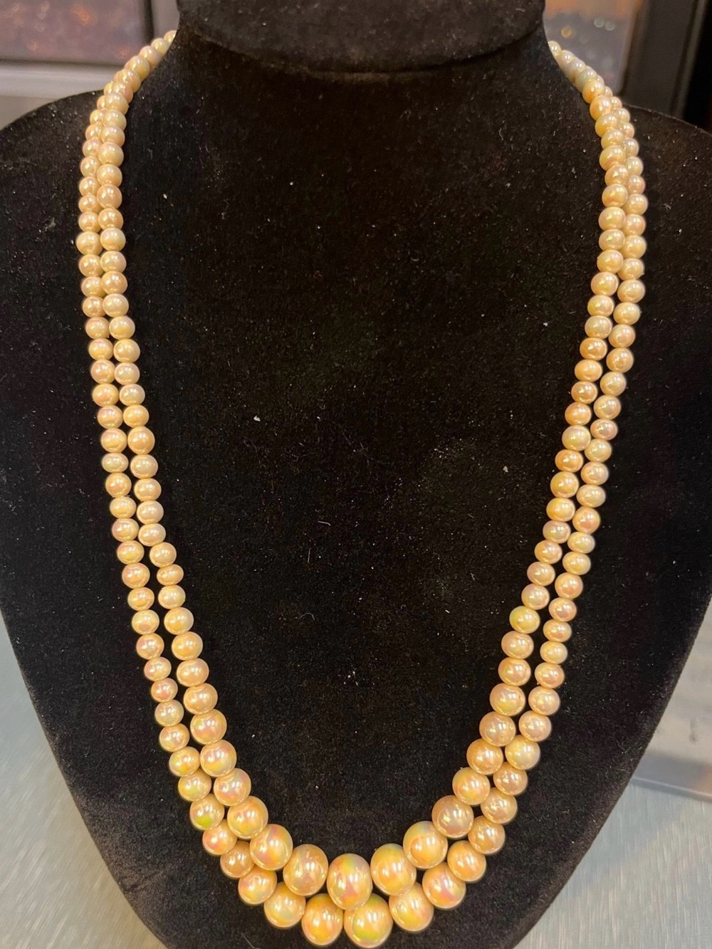 Vintage 1950s Signed JAPAN Double Strand Graduated Golden Faux Pearl Necklace